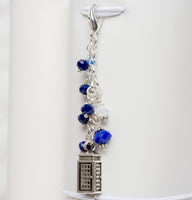 Police Box Charm with silver call box and blue and white crystal dangle