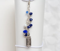 police box traveler's notebook charm with blue and white crystals