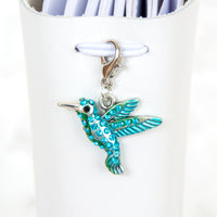 Three Dimensional Hummingbird Charm with Aqua Blue Rhinestones