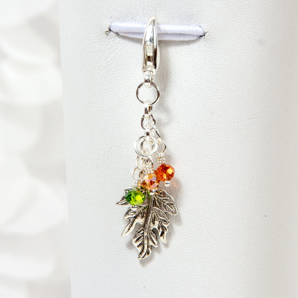 Fall Leaf Charm with Orange, Gold and Green Crystals - Silver Toned