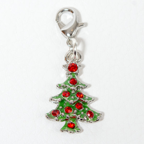 Green Enamel Christmas Tree Charm with Red Rhinestone Ornaments 