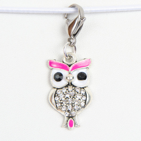 Pink Enamel Owl Charm with Rhinestones