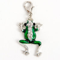 Silver and Green Enamel Frog Charm or Stitch Marker with Rhinestones
