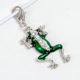 Green enamel frog charm with rhinestones in silver