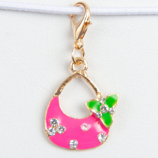 Pink Enamel Purse Charm with Rhinestones and Green flower