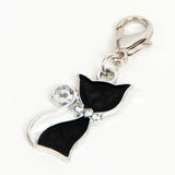 Enamel Black Cat Charm with Rhinestones and silver toned lobster claw clasp