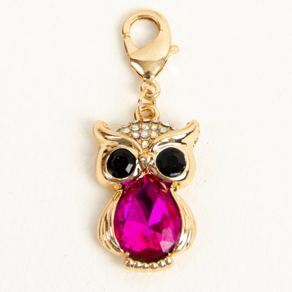 Pink Owl Charm with Crystal Body and Rhinestone Accents